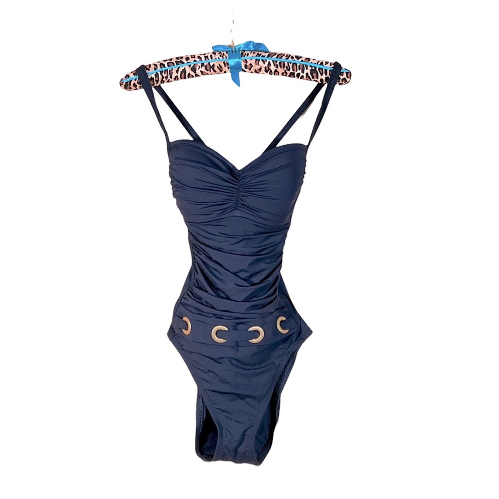 Bleu Rod Beattie One Piece Black Swimsuit with Ruching & Gold Tone Accen…